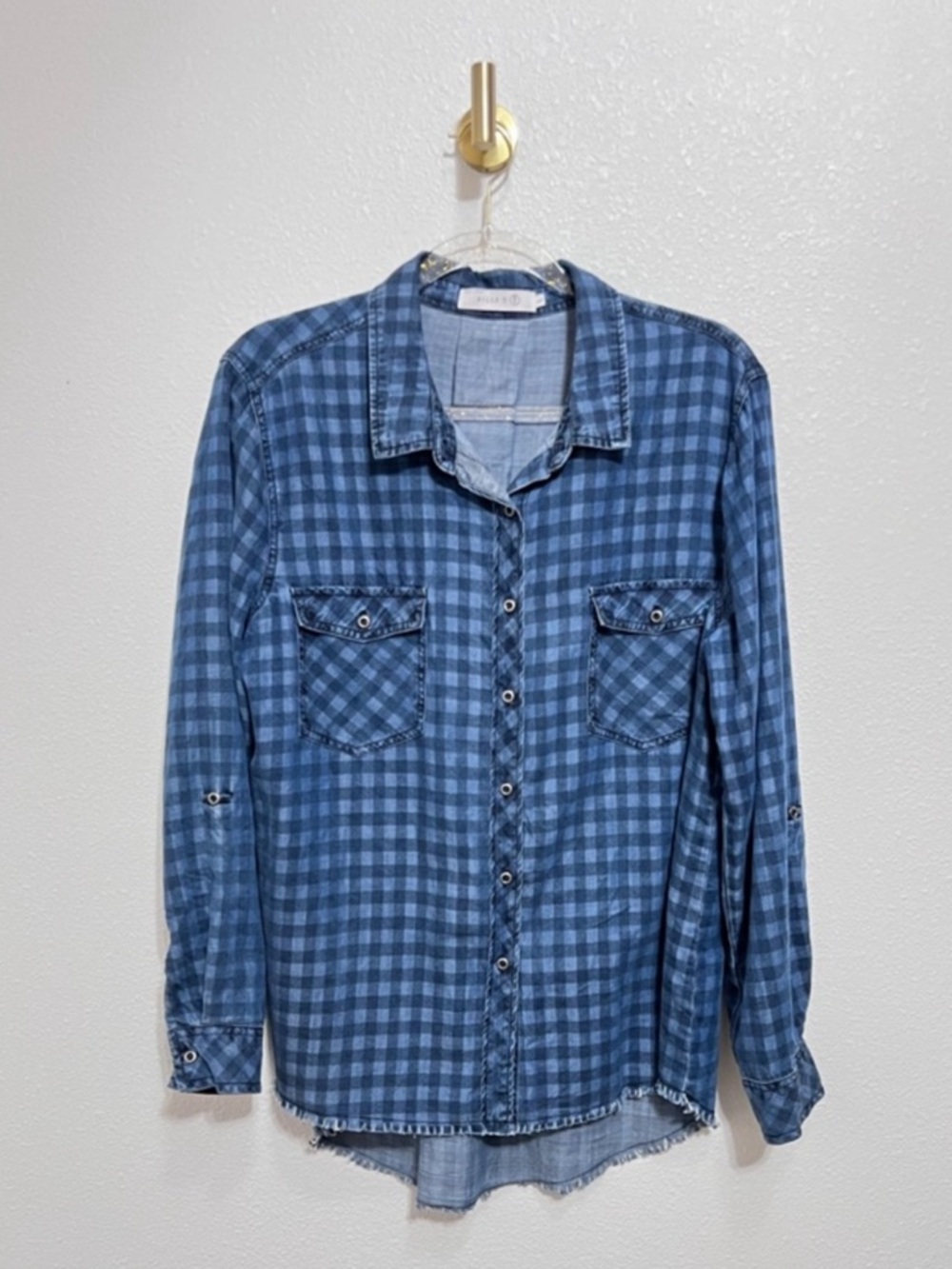 Billy T Roll-Up Sleeve Gingham Back Lace-Up Casual Button-Down Shirt Size L